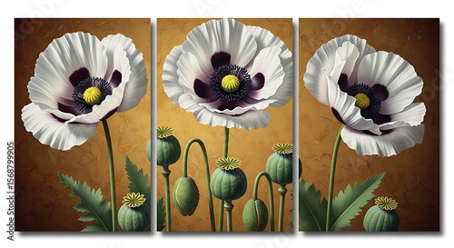 Elegant triptych of white poppies with green seed pods on a textured golden background