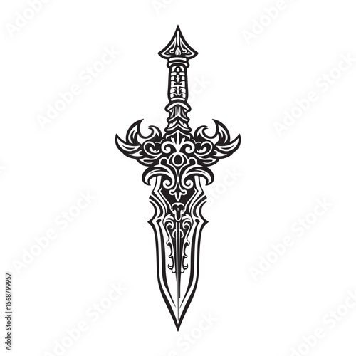 Silhouette of Dagger isolated on a white background, Intricately detailed engraved illustration of a vintage art silhouette dagger on a clean white background