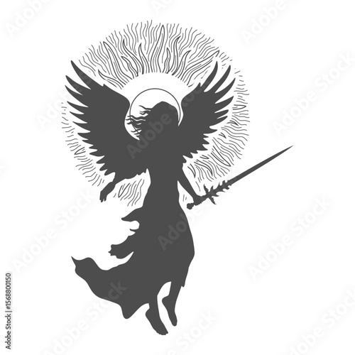 Fantasy woman angel warrior with wings, Warlike girl goddess. Lady elf holding sword in hand.
