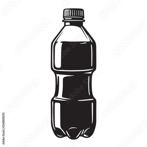 Classic black and white soda bottle illustration in vintage art style for beverage and refreshment concepts