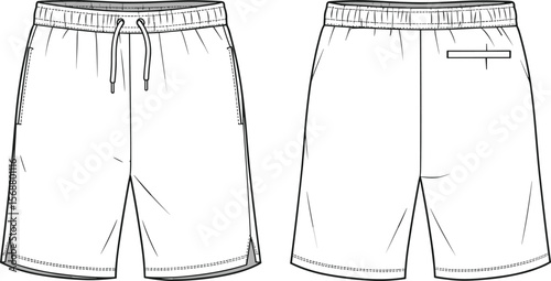 CAD drawing flat vector illustration of casual drawstring shorts front and back view, technical fashion sketch apparel design template
