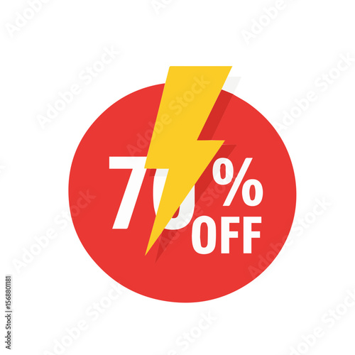Ikon promosi diskon dengan petir kuning dan lingkaran merah bertuliskan “70% OFF”, disertai garis kecepatan. Visual ini menekankan kecepatan dan urgensi untuk promosi ecommerce.