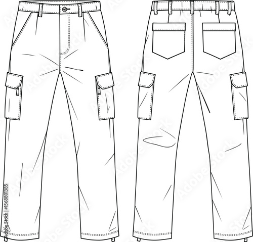CAD drawing flat vector illustration of classic cargo pants front and back view, technical fashion sketch apparel design template