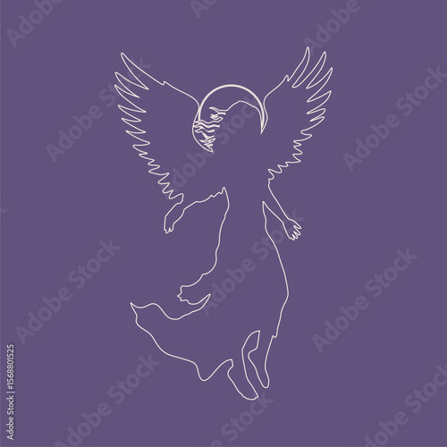 Fantasy woman angel soars in the air with huge bird wings. Girl in levitation flies. Lady goddess in dress, fabric waving fluttering in motion