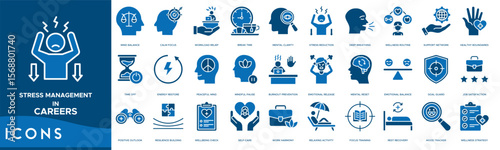 Stress Management in Careers icon set. Mind Balance, Calm Focus, Workload Relief, Break Time, Mental Clarity, Stress Reduction and Deep Breathing