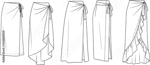 CAD drawing flat vector illustration of women’s sarong wrap skirts set front view, technical beachwear fashion sketch template