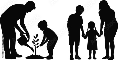 Watering plant and holding hands family vector silhouette showing parenting and nurture care