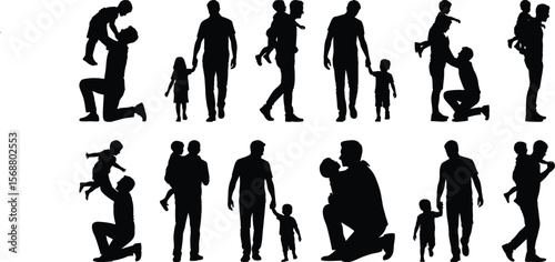 Collection of dad and child silhouette vectors showing loving parent bond and daily life