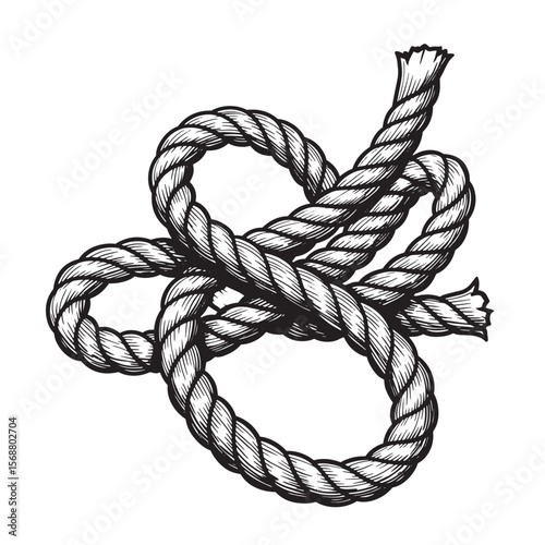 Detailed illustration of a textured nautical rope knot in black and white vintage art