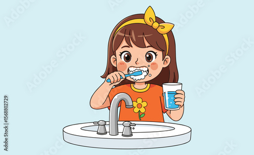 Child Brushing Teeth with Glass of Water, Bathroom Sink Hygiene Scene, Morning Routine Habits, Dental Care for Kids, Vector Illustration