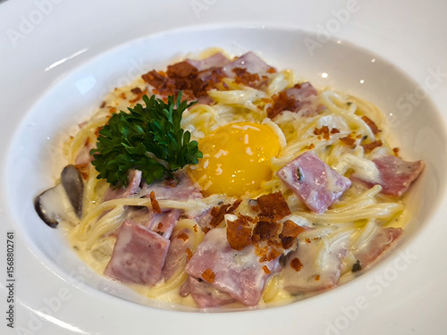 Close-up of Carbonara Pasta with Egg Yolk