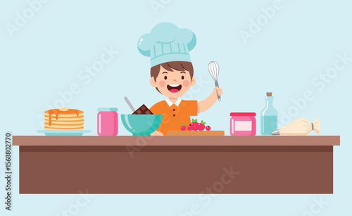 Young Chef Making Pancakes in Colorful Kitchen, Culinary Scene with Ingredients and Utensils, Creative Cooking Concept, Food Preparation Illustration, Vector Artwork