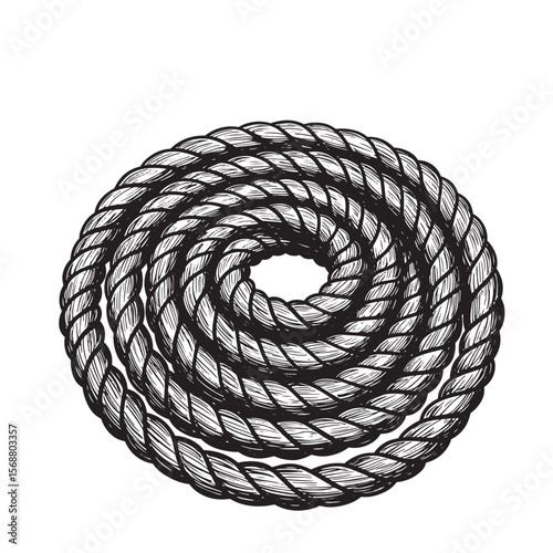 Hand drawn swirled nautical rope illustration in black and white vintage art isolated on white background