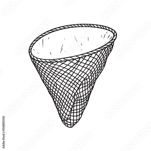 Hand drawn vintage art fishing net illustration for catching aquatic creatures in a simplistic sketch style