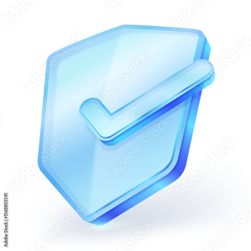 3D shield icon with a check mark symbol. Material is clear blue glass. representing security, protection, approval, and safety. Isolated on white background. Vector illustration.