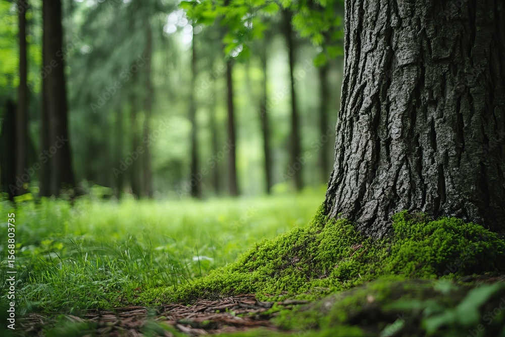 Naklejka premium Tranquil forest scene with tree trunk covered in moss and lush green grass, perfect for nature backgrounds, wellness, and peaceful retreat concepts
