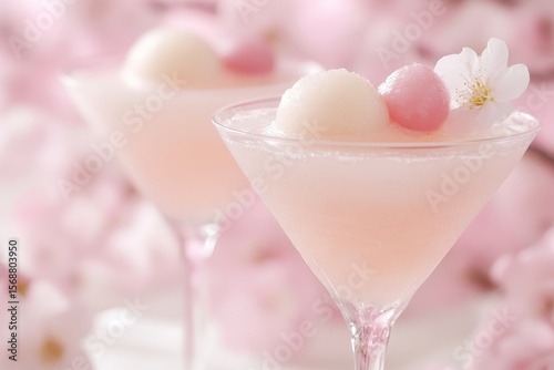 Pink cocktail garnished with lychee sorbet and cherry blossom.