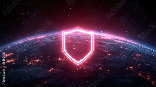 A futuristic data encryption system visualized as a neon-glowing shield over Earth 