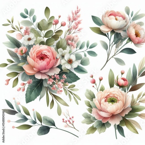 Watercolor floral illustration bouquet set - green leaves, pink peach blush white flowers branches. Wedding invitations, greetings, wallpapers, fashion, prints. Eucalyptus, olive, peony, rose
