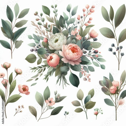 Watercolor floral illustration bouquet set - green leaves, pink peach blush white flowers branches. Wedding invitations, greetings, wallpapers, fashion, prints. Eucalyptus, olive, peony, rose