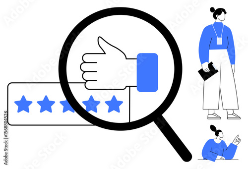 Magnifying glass focusing on thumbs-up and five-star rating, two standing professionals representing analysis or review. Ideal for feedback, quality check, customer service, rating, team analysis
