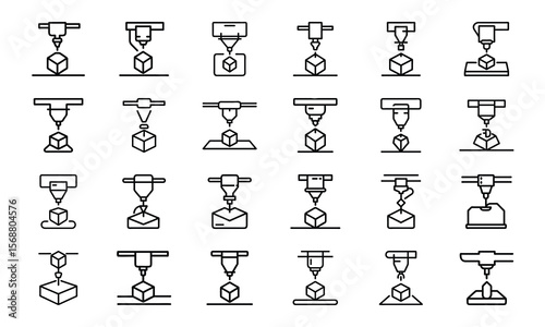 Collection of minimalist 3d printing machine icons depicting additive manufacturing processes