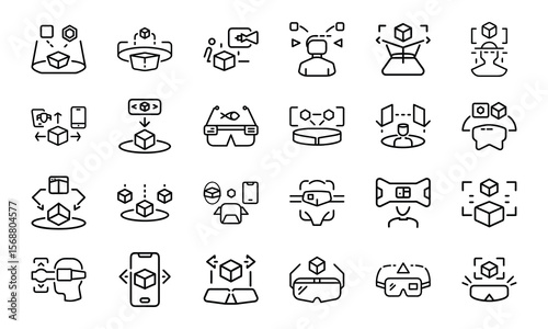 Collection of modern augmented reality and virtual reality technology line icons on white background