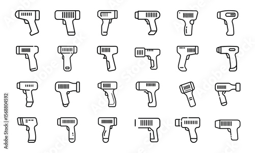 Set of various outline icons depicting infrared thermometers for body temperature measurement