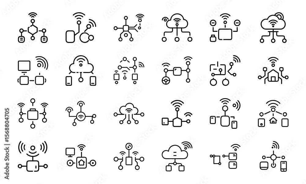 Obraz premium Collection of modern minimalist icons illustrating wireless connectivity and data communication.