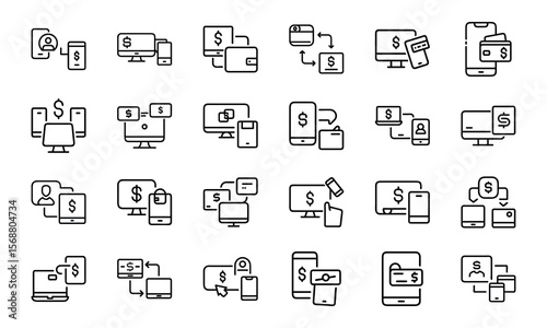 Modern line icons illustrating various mobile and digital payment methods and transactions