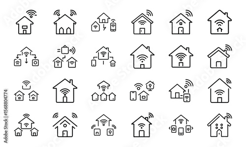 Collection of smart home and wireless network icons representing technology and automation