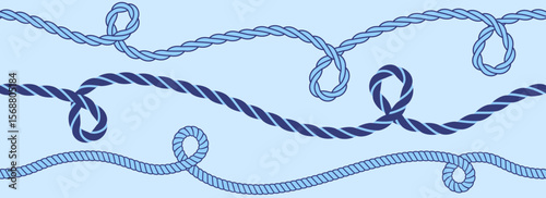 Seamless blue wavy rope pattern. Repeating hemp cord stripes background. Nautical repeated braid wallpaper. Marine twine hemp cord motif. Chain, wire or plait loop stripes bundle. Vector