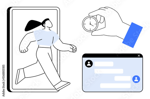 Woman stepping out of a smartphone, hand holding a stopwatch, accompanying chat window with conversations. Ideal for productivity, mobile usage, time tracking, digital communication, online