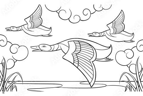 illustration of a flock of mallard ducks flying, line art