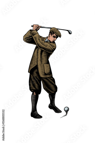 illustration of a golfer hitting a ball, in a vintage hand-drawn style