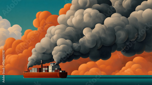  ship emits thick, dark smoke into the orange sky, highlighting pollution over calm waters.