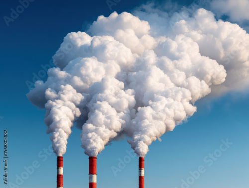 Three industrial chimneys emit thick white smoke against a clear blue sky, illustrating air pollution and industrial emissions.