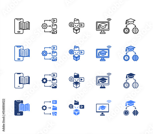 Learning management System icon sheet multiple style collection. Mobile Learning, content management system, Content, Online Learning, Education.
