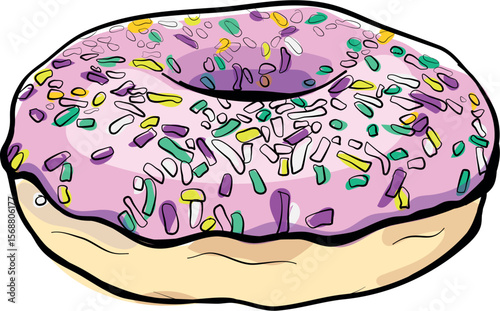 Donut with pink glaze and colorful sprinkles