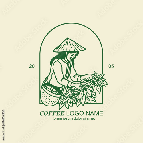 Coffee logo. Female farmer illusration. Plantation