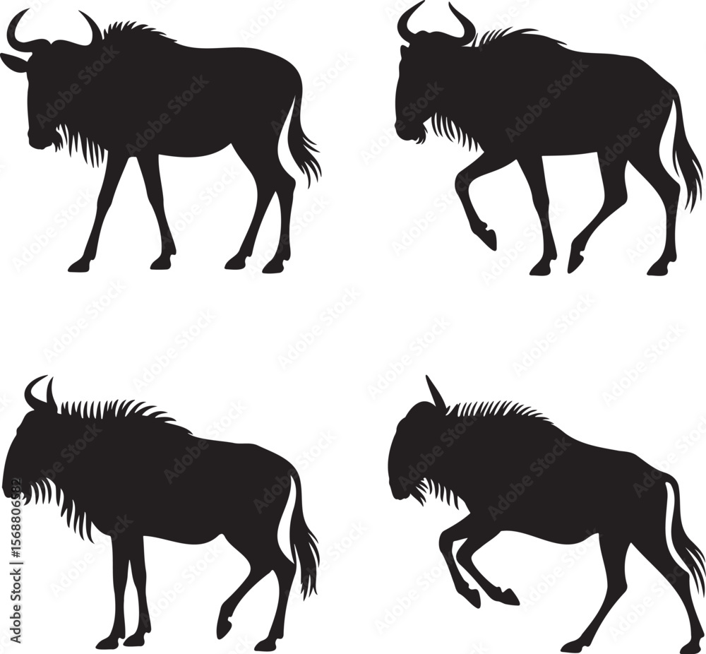 Naklejka premium Wildebeest silhouette set vector illustration isolated On Transparent Background