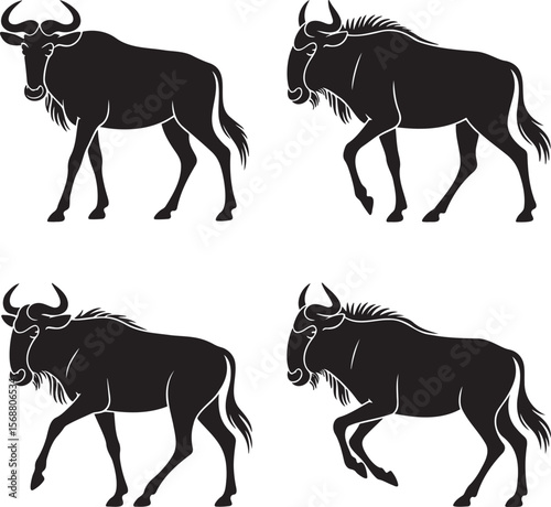 Wildebeest silhouette set vector illustration isolated On Transparent Background