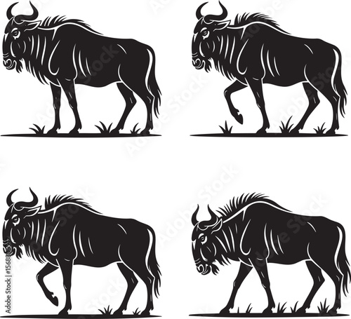 Wildebeest silhouette set vector illustration isolated On Transparent Background