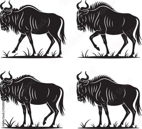 Wildebeest silhouette set vector illustration isolated On Transparent Background