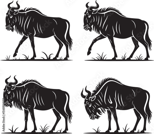 Wildebeest silhouette set vector illustration isolated On Transparent Background