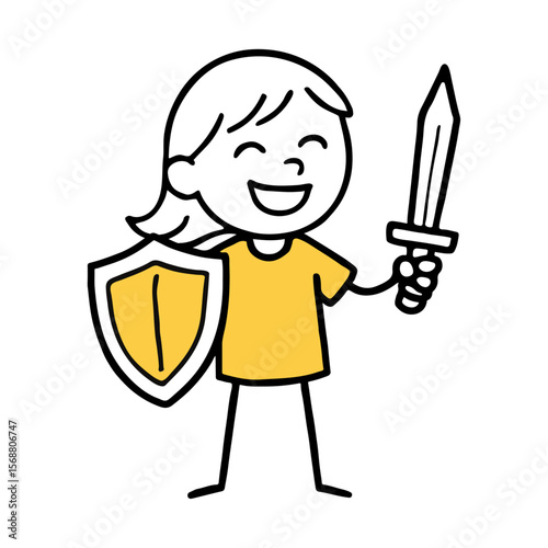 Young Girl Hero Knight Holding Sword and Shield. Warrior Playful Protector Character, Simple Doodle Vector Illustration