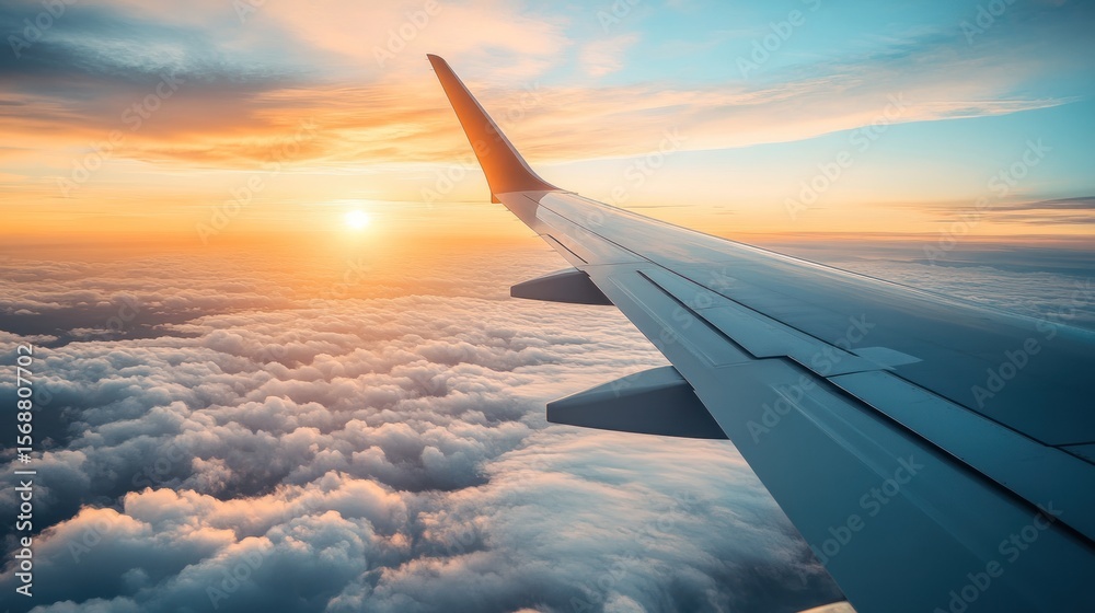 Obraz premium Airplane wing over clouds at sunset (1)