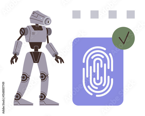 Humanoid robot standing beside a fingerprint scanner with a checkmark, representing identity verification, cybersecurity, and AI interaction. Ideal for AI, robotics, cybersecurity, identity, tech