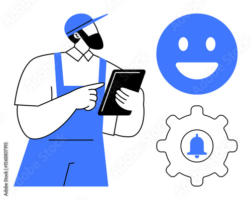 Worker in uniform pointing at a tablet, gear with a notification icon, and a happy happy face. Ideal for productivity, teamwork, workflow, service, app, technology simple landing page