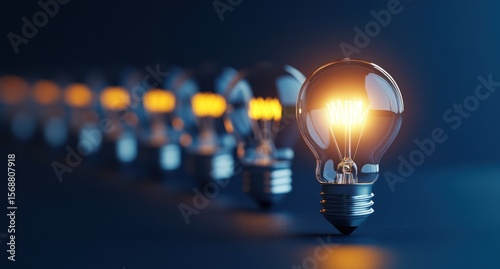 Lit bulb stands out in a line. Dark blue background